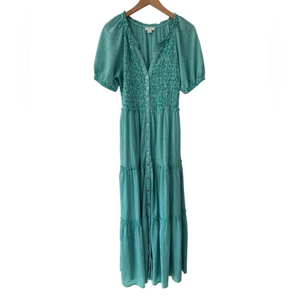 Sundance Topsail Tiered Maxi Dress small green white stripe pockets smocked